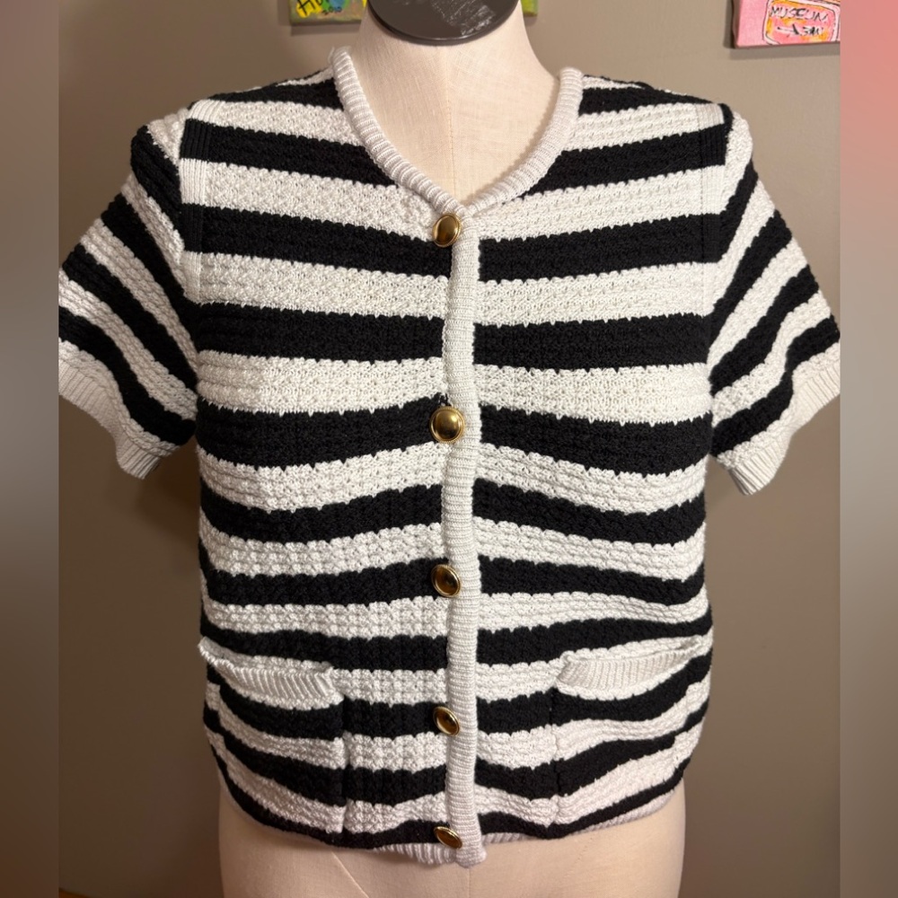 Free Assembly Striped Black and White Cardigan with Gold Buttons